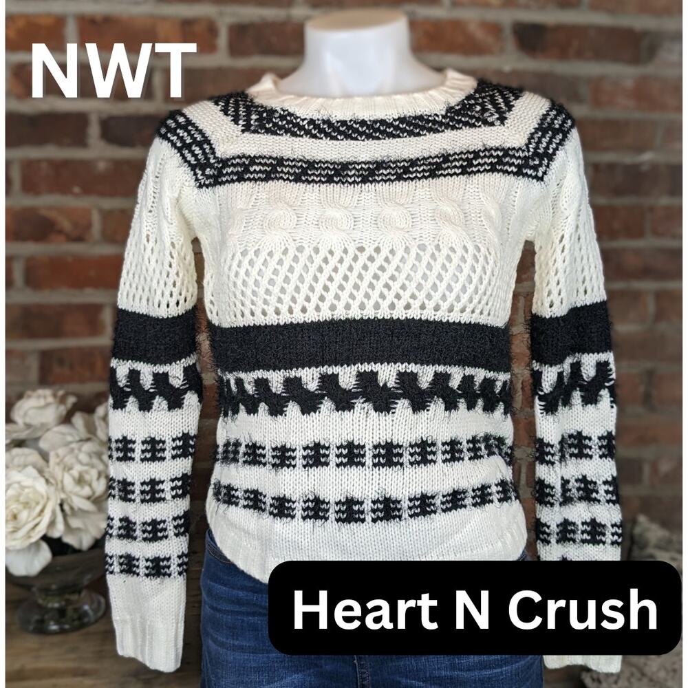 Heart N Crush Sweater XS Cream Black Stripe Fuzzy Open Cable Knit Crew Neck NEW